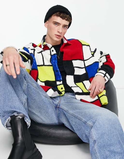 ASOS DESIGN boxy oversized Mondrian print shirt in borg