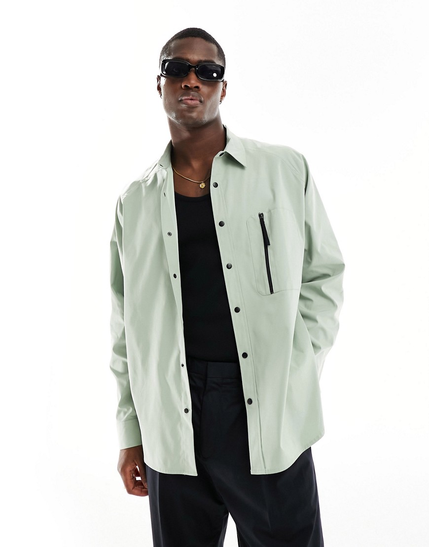 Asos Design Boxy Oversized Nylon Shirt With Utility Details In Green