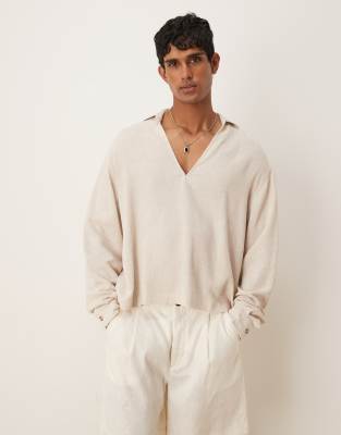 Asos Design Boxy Oversized Over The Head Textured Linen Blend Shirt In Neutral