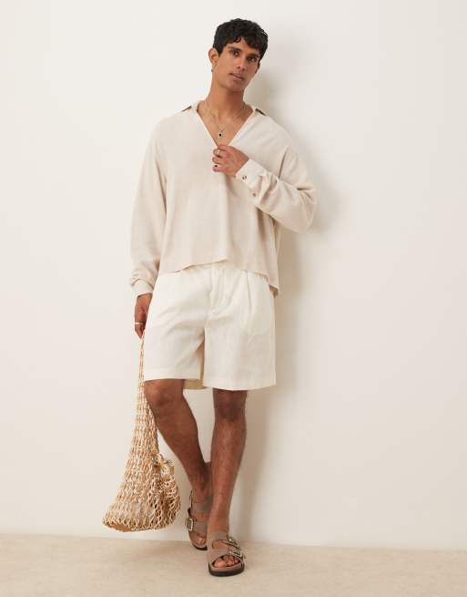 ASOS DESIGN boxy oversized over the head textured linen blend shirt in black
