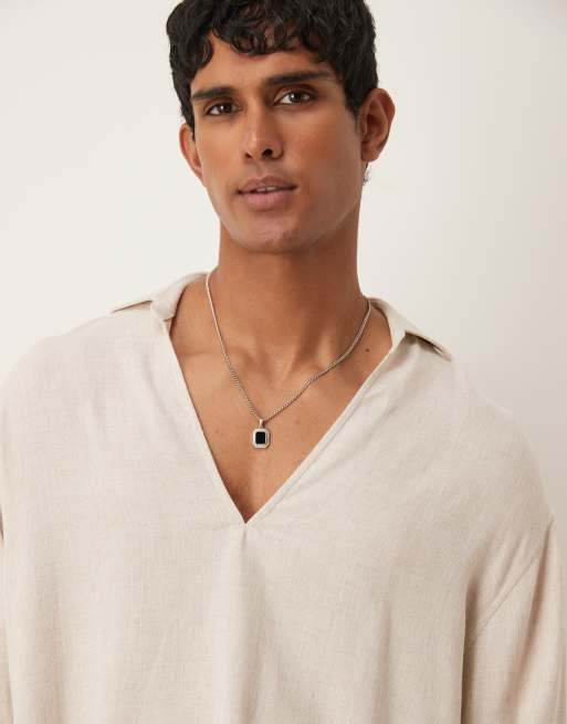 ASOS DESIGN boxy oversized over the head textured linen blend shirt in black