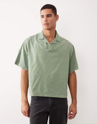 Asos Design Boxy Oversized Overhead Camp Collar Poplin Shirt In Green