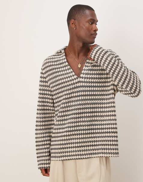 ASOS DESIGN boxy oversized overhead crochet shirt in black and ecru - view 1