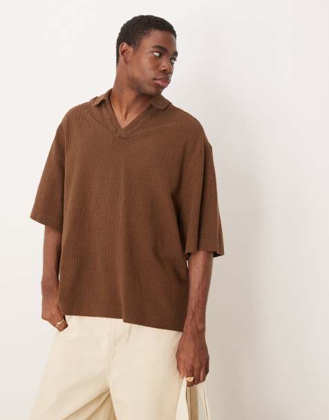 ASOS DESIGN boxy oversized overhead crochet shirt in brown - view 1