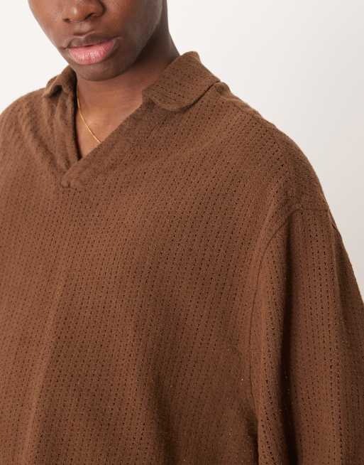 ASOS DESIGN boxy oversized overhead crochet shirt in brown, 3 of 4