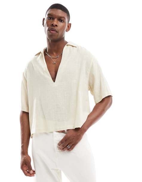 ASOS DESIGN boxy oversized overhead deep camp collar shirt in stone - view 1