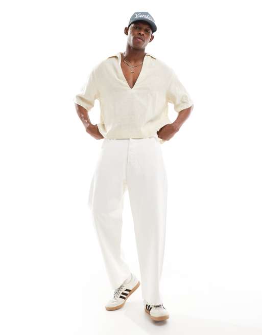 ASOS DESIGN boxy oversized overhead deep revere shirt in stone