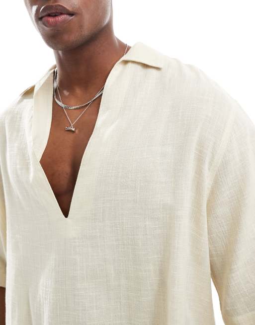 ASOS DESIGN boxy oversized overhead deep revere shirt in stone