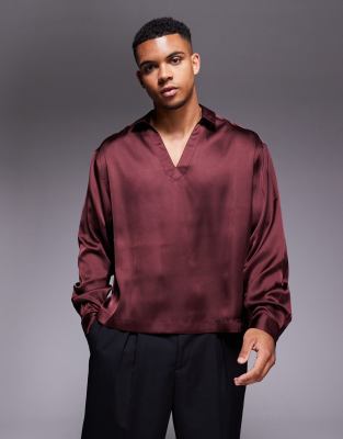 Asos Design Boxy Oversized Overhead Satin Shirt In Red