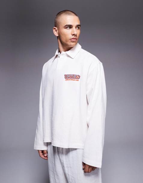 ASOS DESIGN boxy oversized overhead shirt with chest print in off white - view 1
