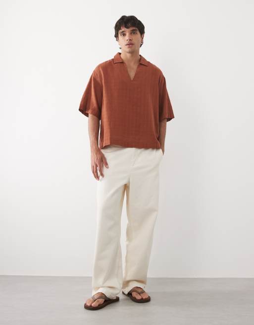 ASOS DESIGN boxy oversized overhead shirt with linen in brown, 3 of 5