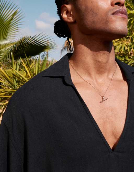 ASOS DESIGN boxy oversized overhead textured linen blend shirt in black