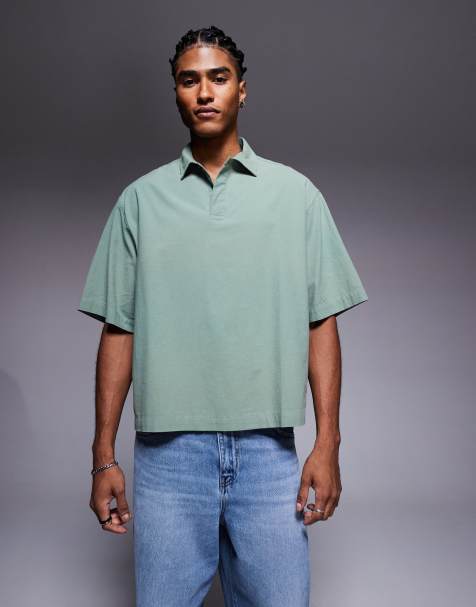 ASOS DESIGN boxy oversized overhead textured shirt in sage green - view 1