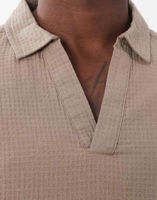 ASOS DESIGN boxy oversized overhead waffle textured shirt in stone (part of a set), 2 of 5