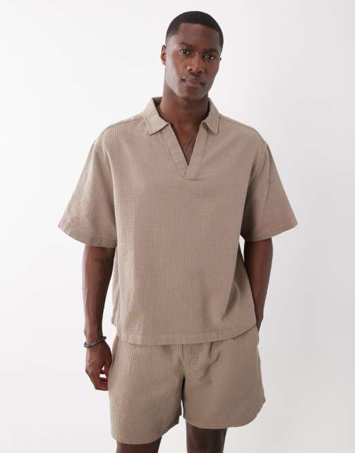 ASOS DESIGN boxy oversized overhead waffle textured shirt in stone (part of a set), 3 of 5