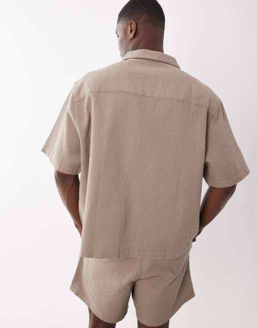 ASOS DESIGN boxy oversized overhead waffle textured shirt in stone (part of a set), 4 of 5
