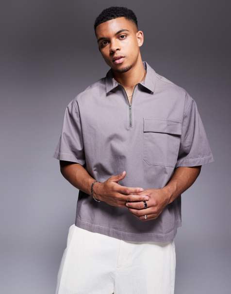 ASOS DESIGN boxy oversized overhead zip shirt in grey cotton twill - view 1