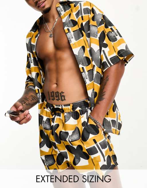 ASOS DESIGN - Boxy oversized overhemd in zwart met gele print, deel van co-ord set