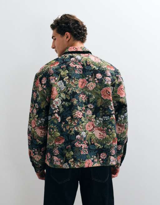 ASOS DESIGN boxy oversized overhemd met bloemenjacquard in zwart, 2 van 5