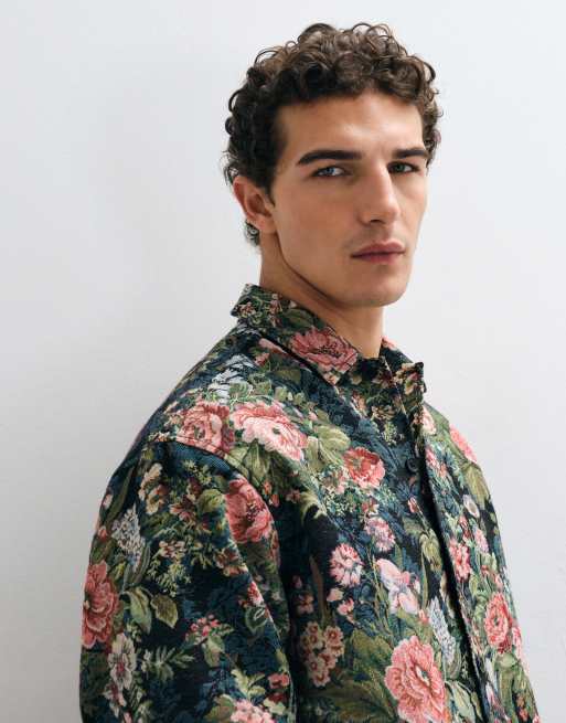 ASOS DESIGN boxy oversized overhemd met bloemenjacquard in zwart, 3 van 5