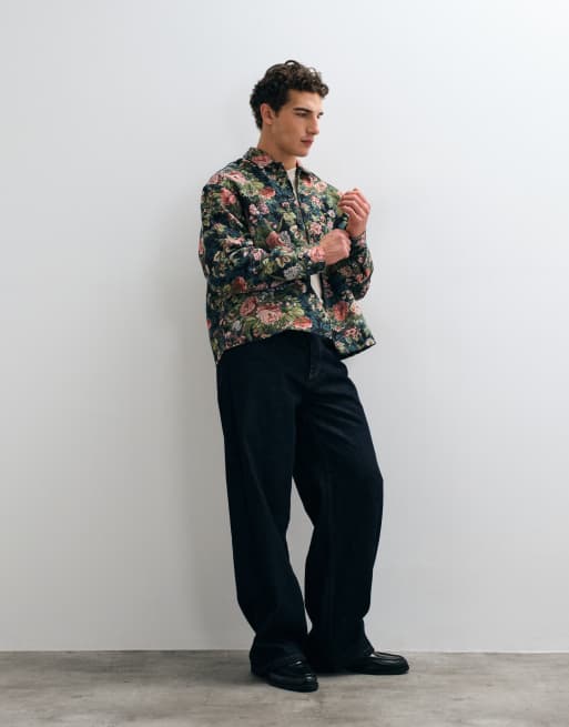 ASOS DESIGN boxy oversized overhemd met bloemenjacquard in zwart, 5 van 5
