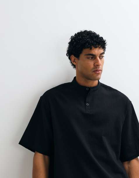 ASOS DESIGN boxy oversized overhemd met linnenlook en henleykraag in zwart - view 1