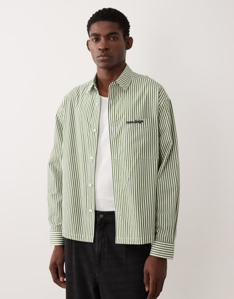 ASOS DESIGN boxy oversized pinstripe shirt with pocket embroidery in green - view 1