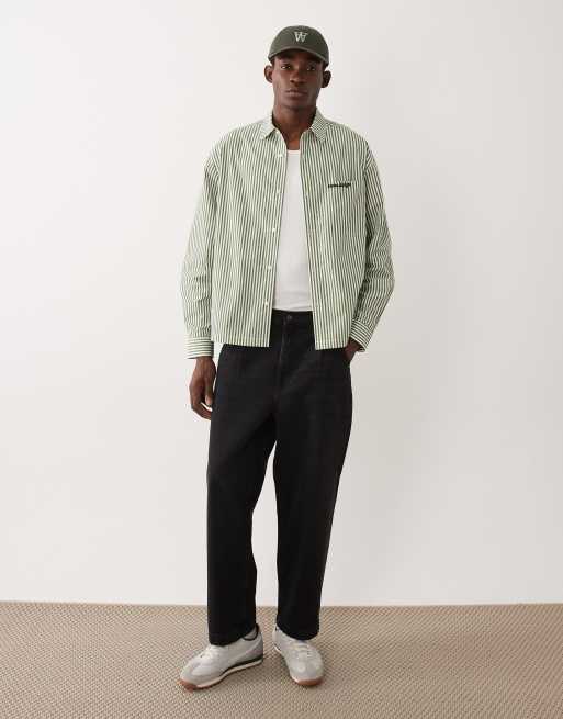 ASOS DESIGN boxy oversized pinstripe shirt with pocket embroidery in green, 2 of 5
