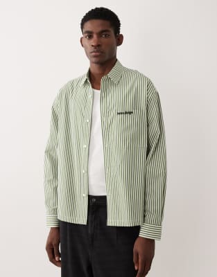 Asos Design Boxy Oversized Pinstriped Shirt With Pocket Embroidery In Green