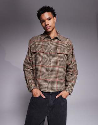 Asos Design Boxy Oversized Plaid Shirt In Brown