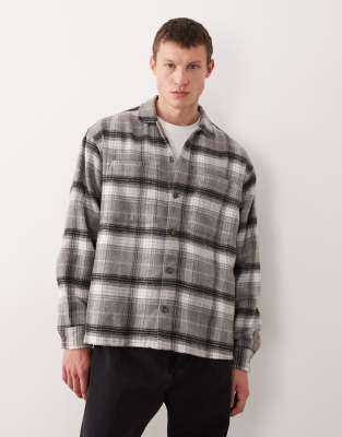 Asos Design Boxy Oversized Plaid Shirt In Gray