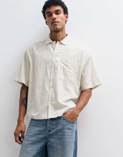 ASOS DESIGN boxy oversized plaid shirt in stone - view 1