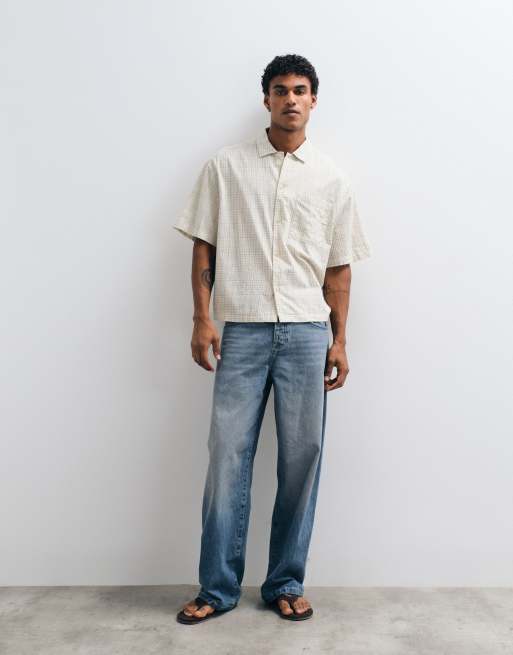 ASOS DESIGN boxy oversized plaid shirt in stone, 2 of 5