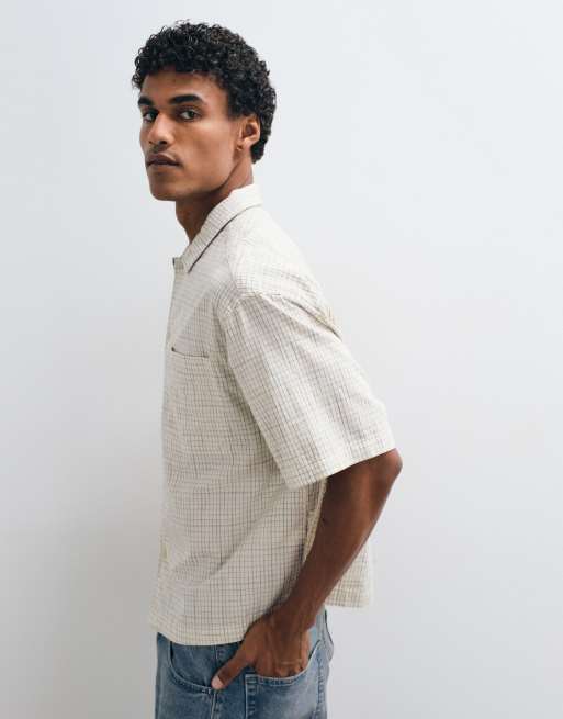 ASOS DESIGN boxy oversized plaid shirt in stone, 5 of 5