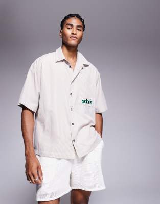 Asos Design Boxy Oversized Plaid Shirt With Chest Embroidery In Gray