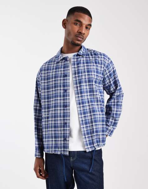 ASOS DESIGN boxy oversized plaid shirt with embroidery in blue - view 1