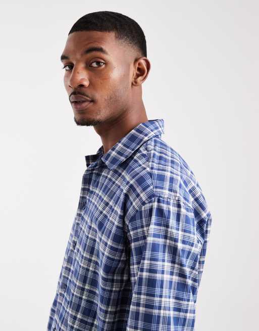 ASOS DESIGN boxy oversized plaid shirt with embroidery in blue, 4 of 5