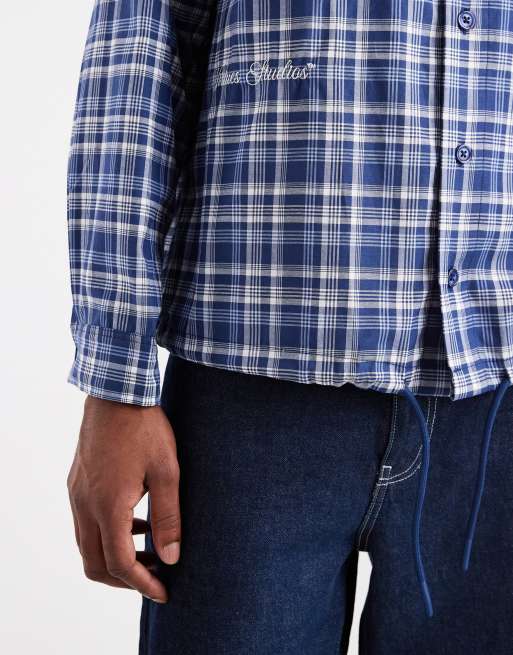 ASOS DESIGN boxy oversized plaid shirt with embroidery in blue, 5 of 5