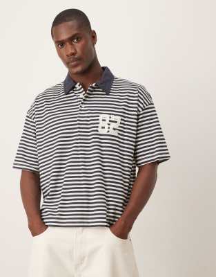 ASOS DESIGN boxy oversized polo in black and white stripe - view 1