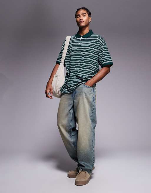 ASOS DESIGN boxy oversized polo in green stripe