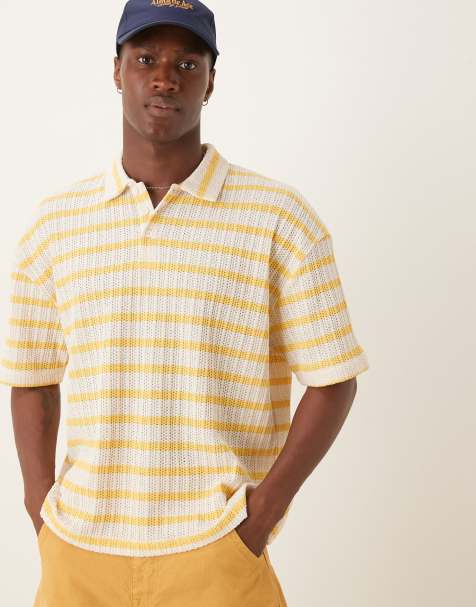 ASOS DESIGN boxy oversized polo in textured white and yellow stripe - view 1
