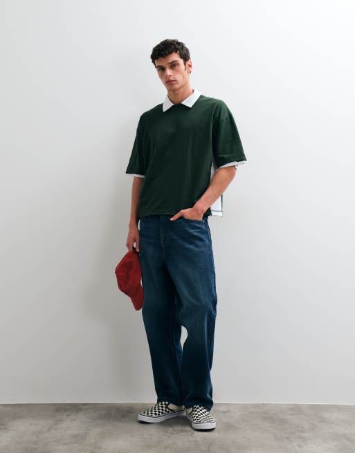 ASOS DESIGN boxy oversized polo med dobbelt lag i mørkegrøn, 2 af 5