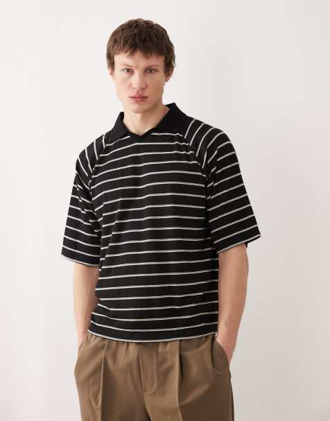ASOS DESIGN boxy oversized polo shirt in black stripes - view 1