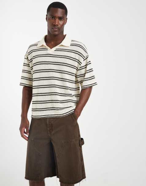 ASOS DESIGN boxy oversized polo shirt in brown stripe textured fabric - view 1
