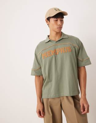 Asos Design Boxy Oversized Polo Shirt With City Print In Green