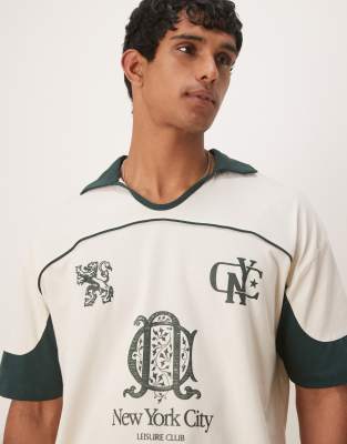 Asos Design Boxy Oversized Polo Shirt With Cut And Sew Paneling And City Graphics
