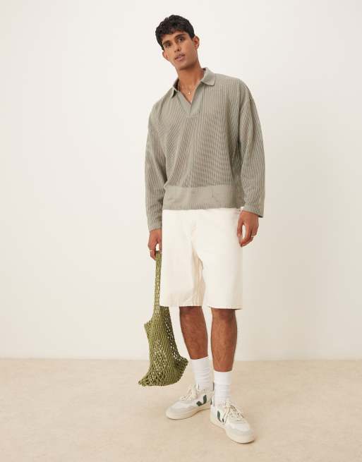ASOS DESIGN boxy oversized polo shirt with dropped shoulders in khaki open mesh
