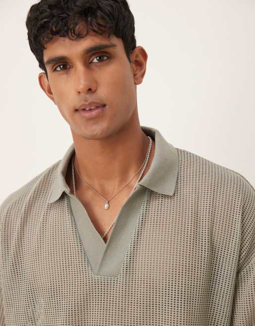 ASOS DESIGN boxy oversized polo shirt with dropped shoulders in khaki open mesh