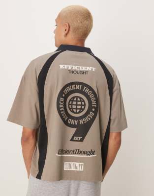Asos Design Boxy Oversized Polo Shirt With Front And Back Athletic Print In Gray