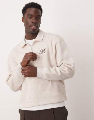 boxy oversized polo sweatshirt with chest embroidery in oatmeal heather-Neutral